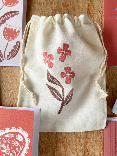 hand printed fabric drawstring bag with inkpad