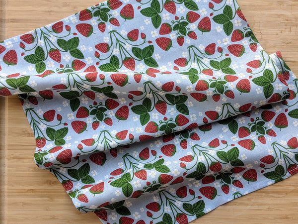 strawberry vines with blue background linen kitchen tea towel