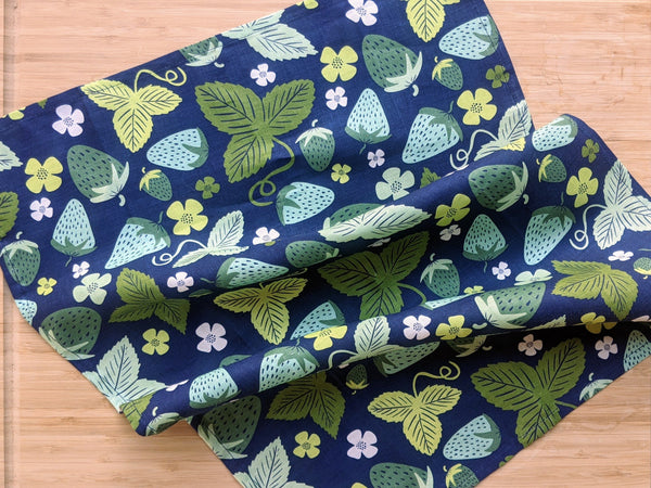 green and blue strawberry linen kitchen tea towel