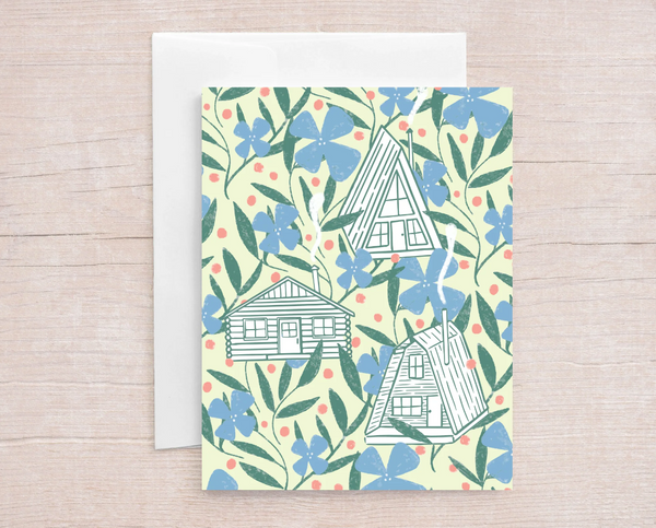 mountain cabins in flowers jen fox studio greeting card stationery