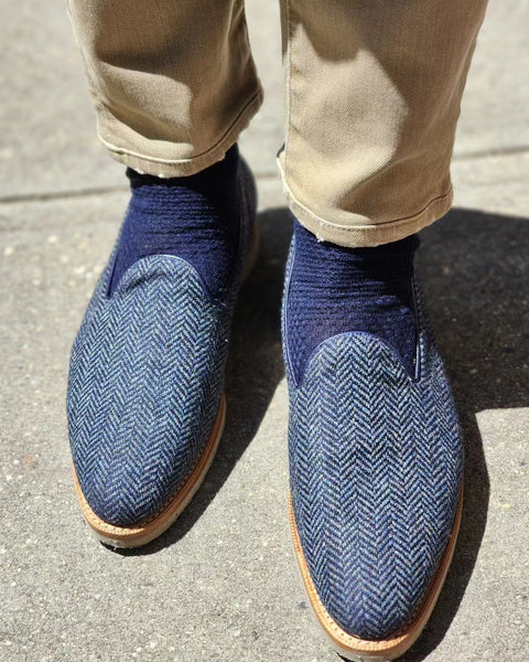 blue suede tassel loafers