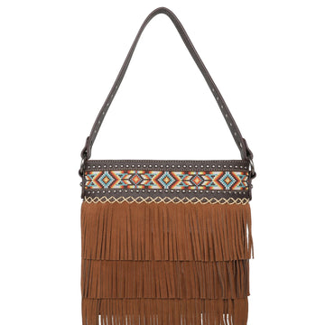 Wrangler Leather Fringe Hobo Bag with Turquoise Concho - Beige