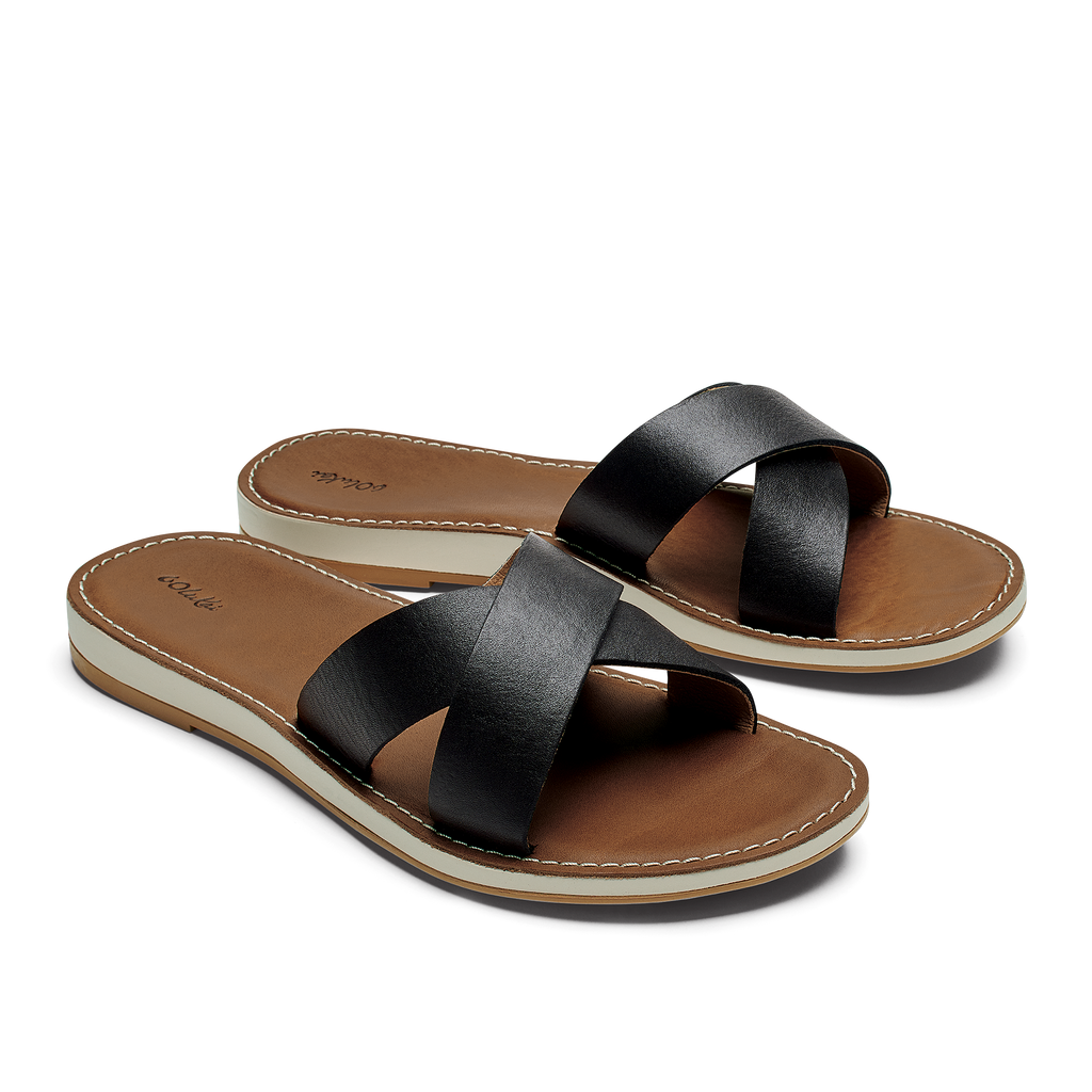 OluKai Ke‘a - Black / Tan | Women's Leather Slide Sandals | OluKai Canada