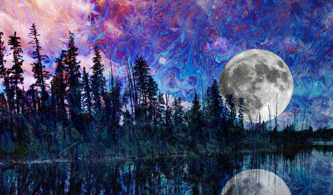 An abstract image featuring trees, the moon, and abstract colours
