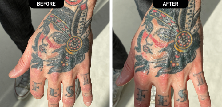 Side-by-side comparison of a colorful hand tattoo before and after touch-up.