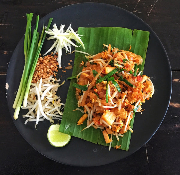 Pad Thai served on banana leaf