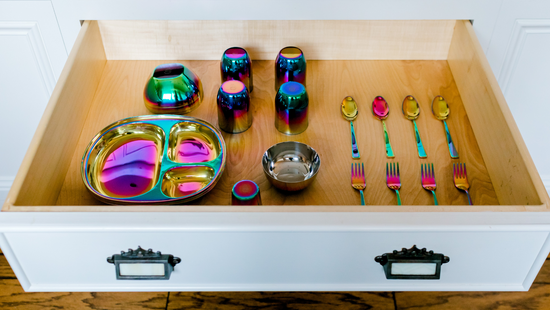 stainless steel dishes in drawer