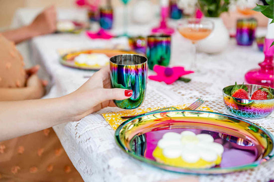 stainless steel iridescent plates and cups