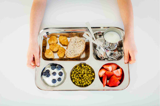 stainless steel cafeteria tray with food