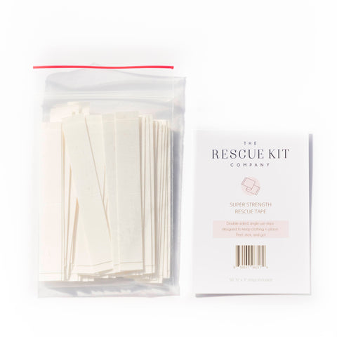 Rescue Tape by The Rescue Kit Company is a double sided, extra sticky, extra strong tape designed to keep clothing in place.