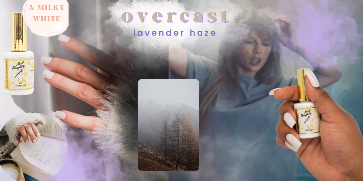 overcast milky white gel nail color Taylor swift midnights mood board