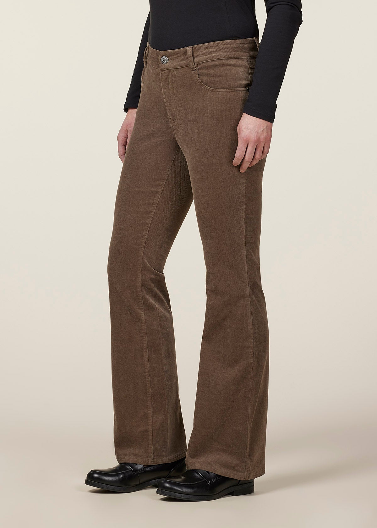 Soft-brushed, full-length bohemian flare pants featuring a high