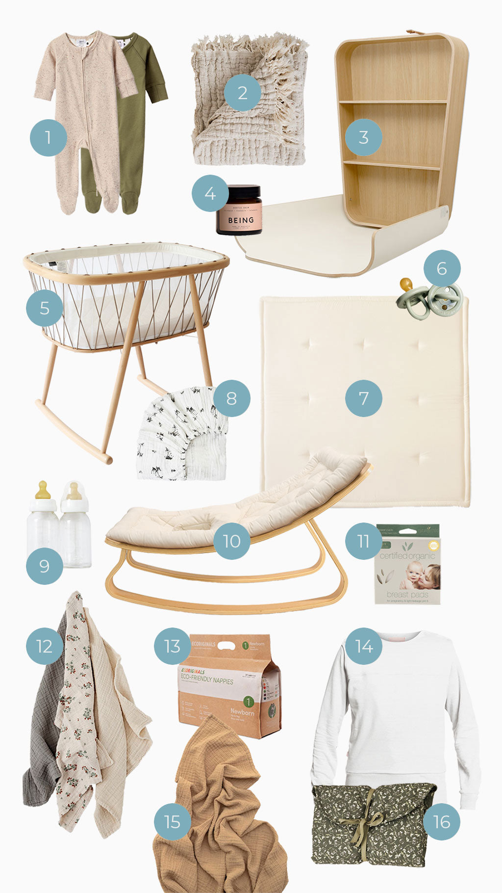 Newborn Essentials Flay Lay featuring the sustainable selection of baby products mentioned in the blog post