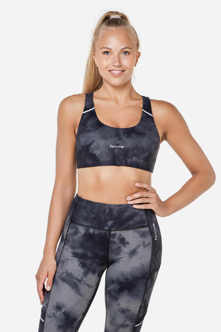 Tie dye sports bra in black/grey