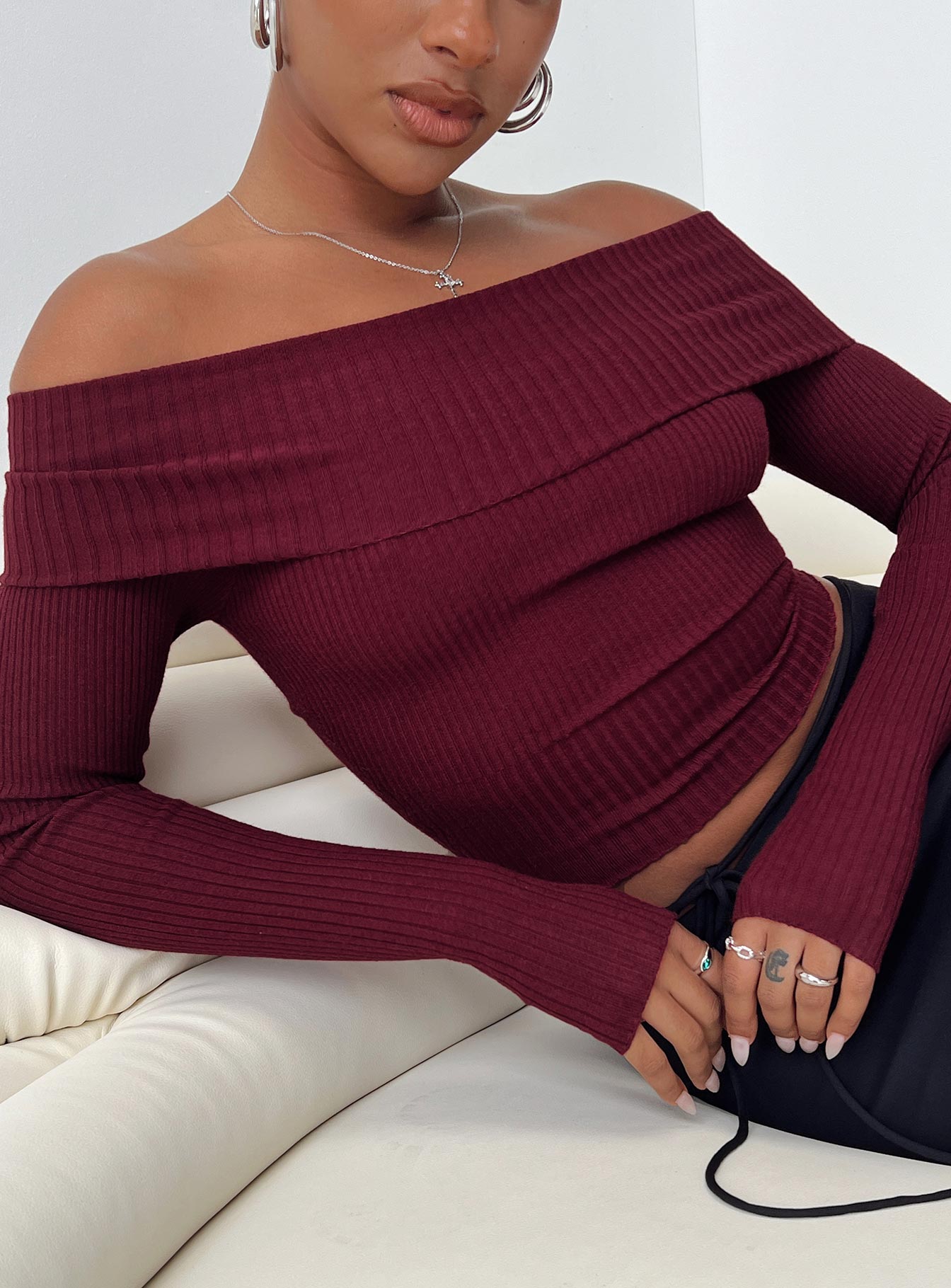 morley off shoulder sweater burgundy