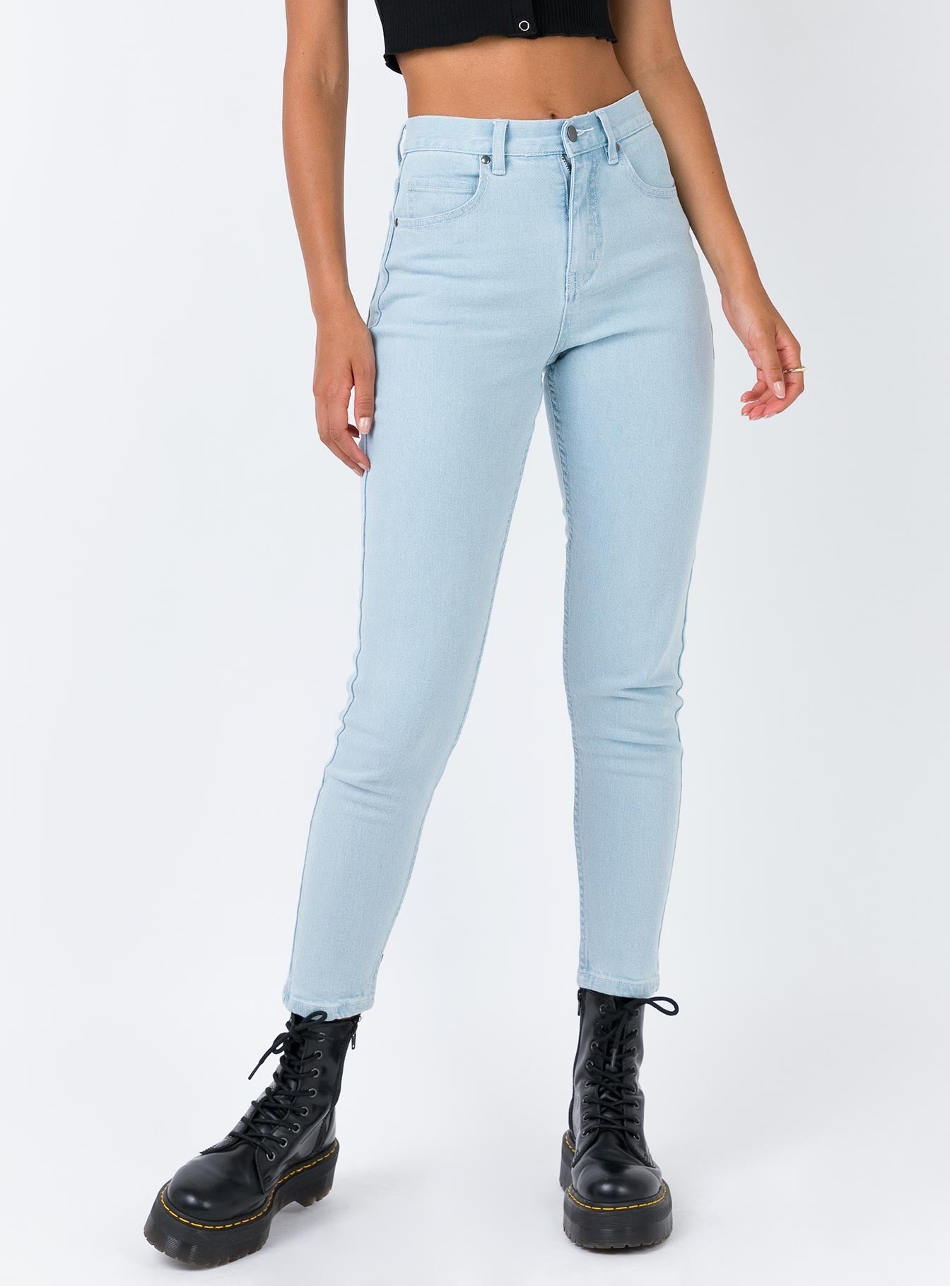 afends blondies stone blue high waist slim jeans