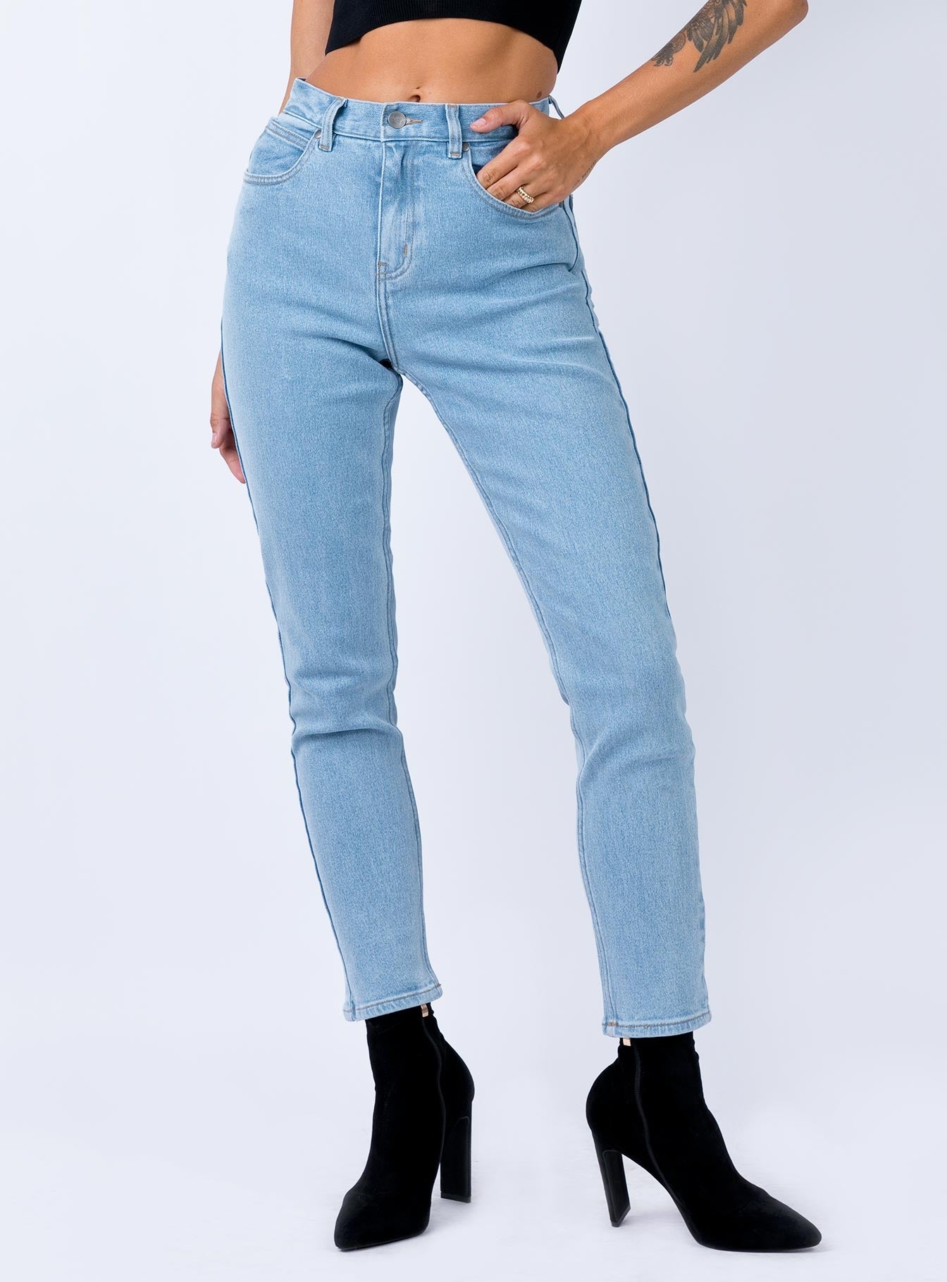 afends blondies stone blue high waist slim jeans