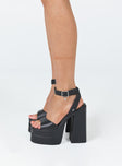 Heels  Faux leather material  Single upper  Ankle strap  Silver-toned buckle  Platform base  Square toe  Block heel 
