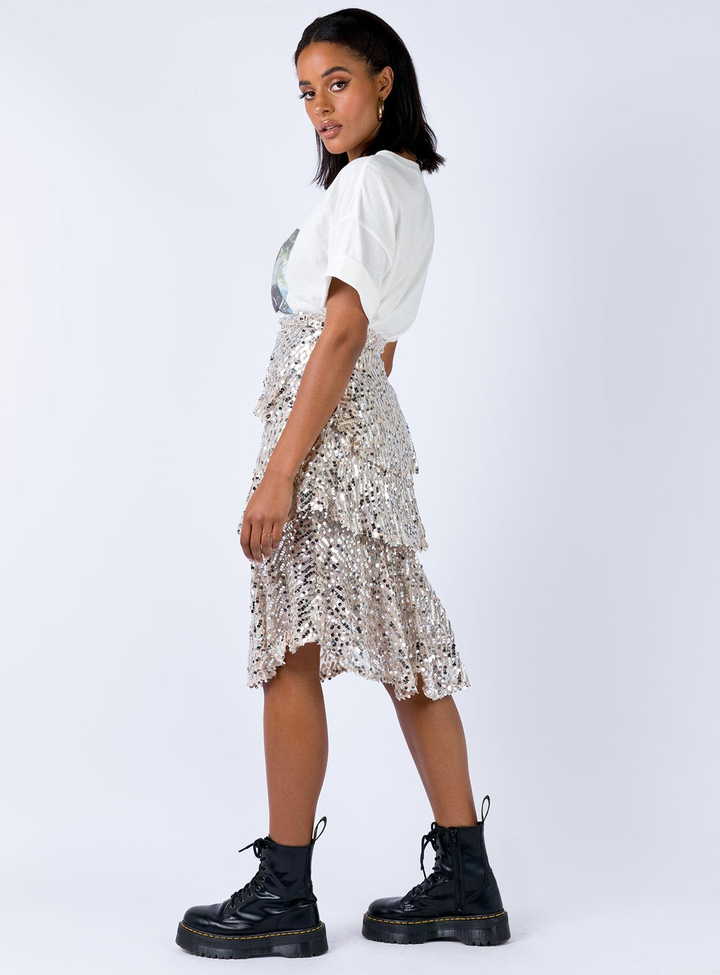 Silver Sequin Midi Skirt