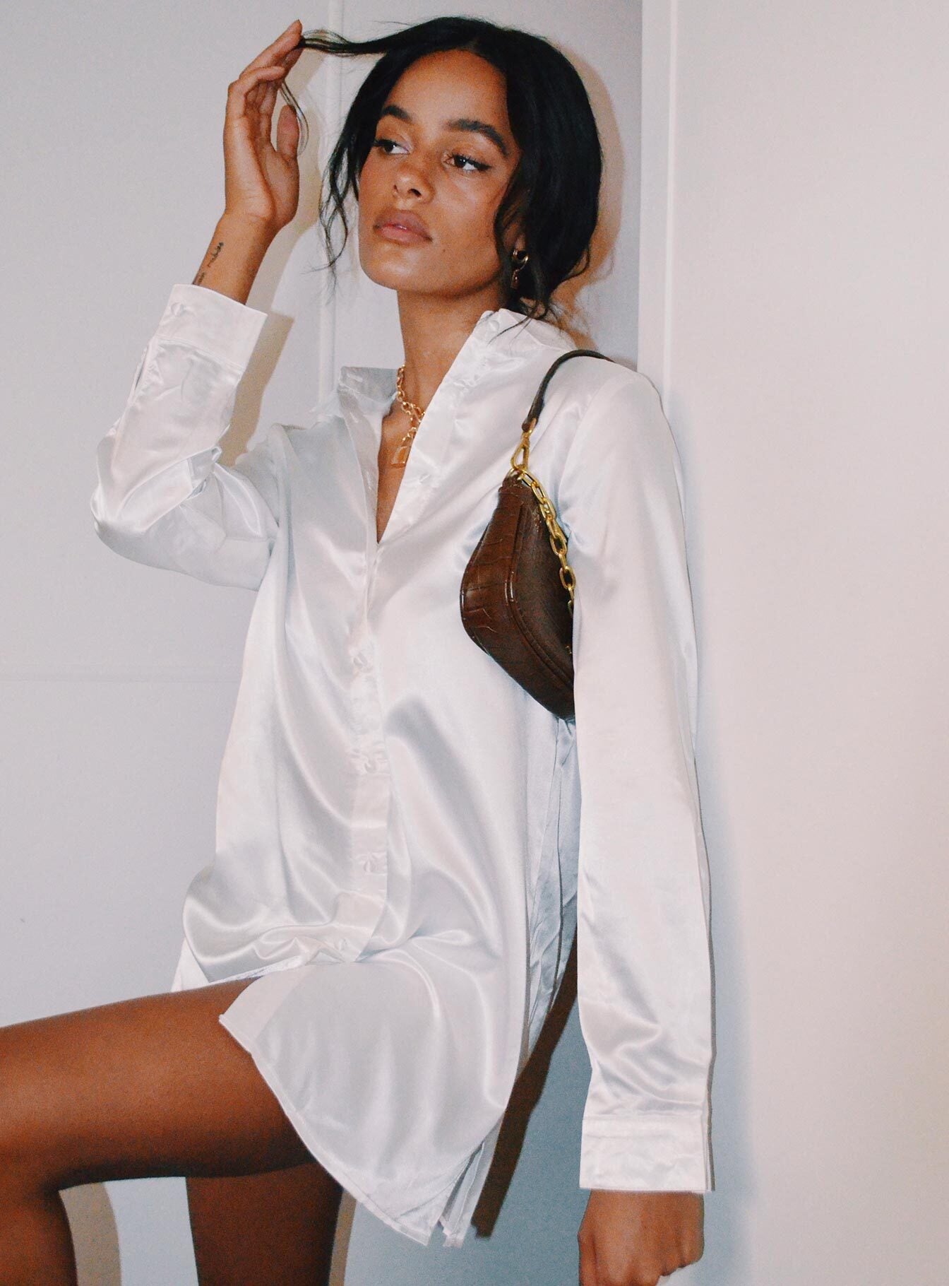 white satin long sleeve top