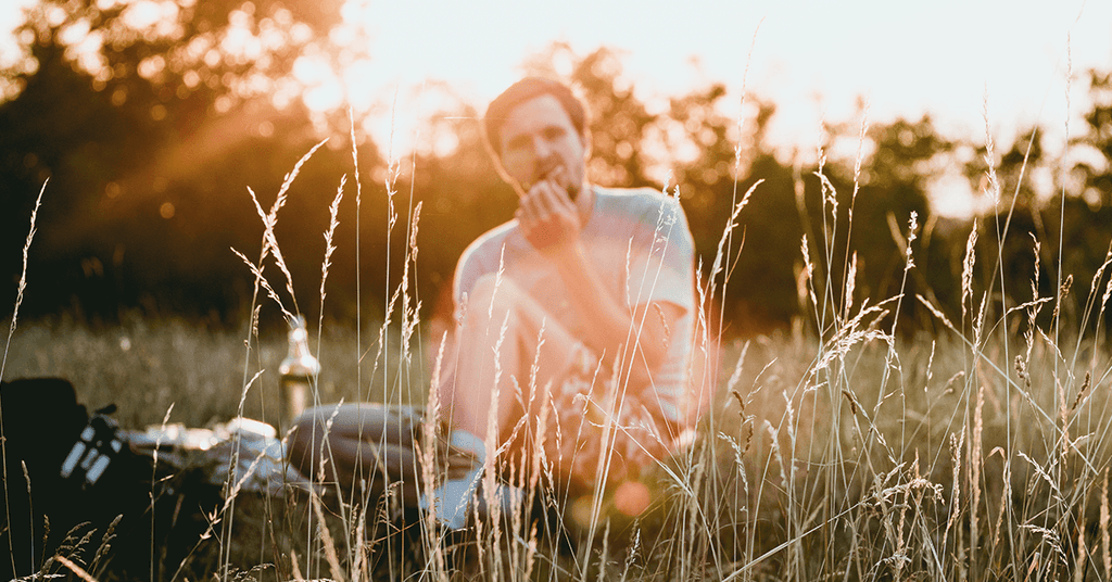 Eating protein in a field during sunset