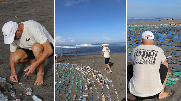 Liina Klaus Art Installation in Bali using discarded flip flops and sandals