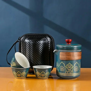 Central Asia Portable Travel Tea Set Ceramic Teapot with Cups & Bag - 1 Set - Beautiful Chopsticks