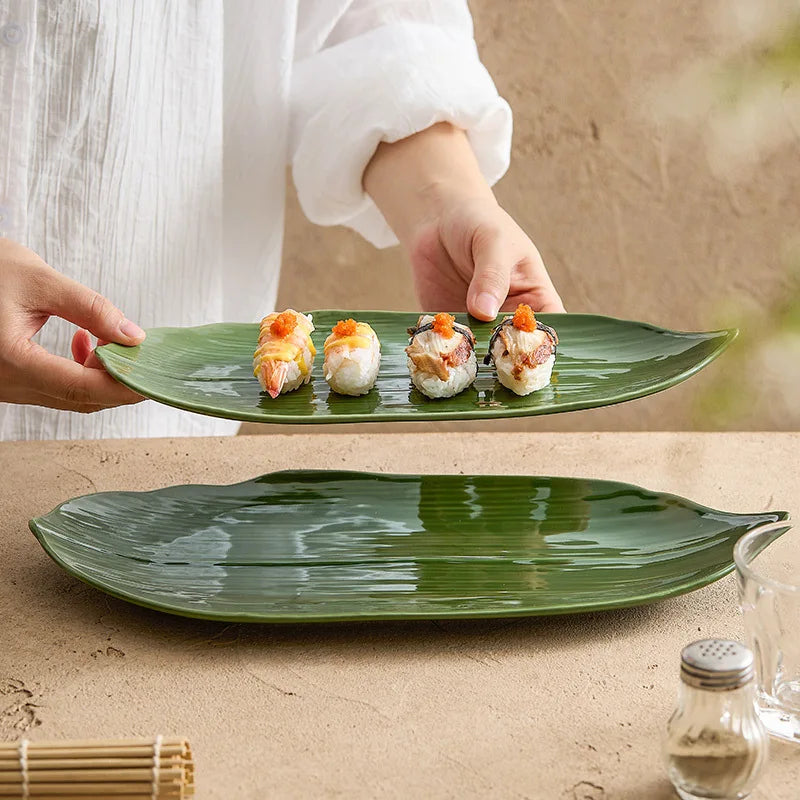 Bamboo Leaf Sushi Plates | Green Japanese Ceramic Rectangular Platter - 1 Pc