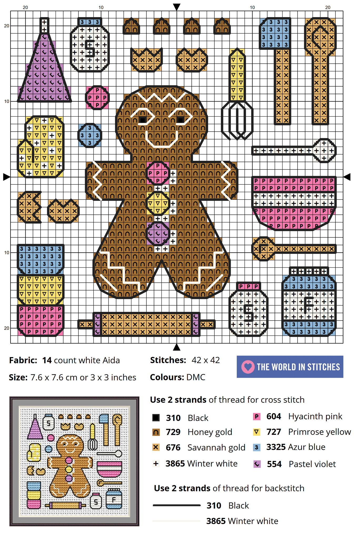 A free cross stitch chart depicting cute gingerbread baking items