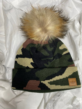 Camo Beanie with Faux Fur Pom