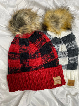 Checkered Beanie with Faux Fur Pom