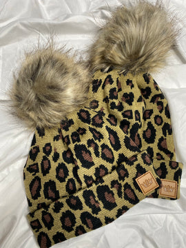 Kid's Cheetah Beanie with Faux Fur Pom