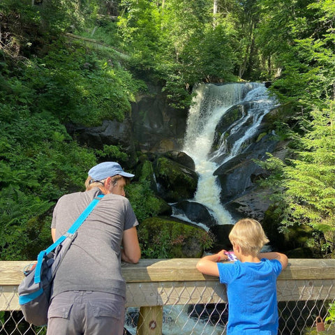 father and son standing on the bridge in black forest and watching the lake coming from the mountains