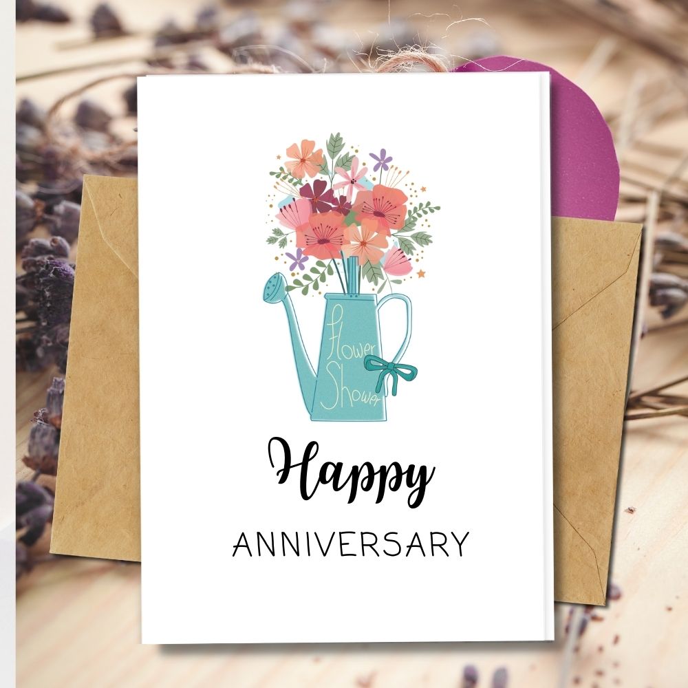 Happy Anniversary Greeting Card, Blue Flower Can