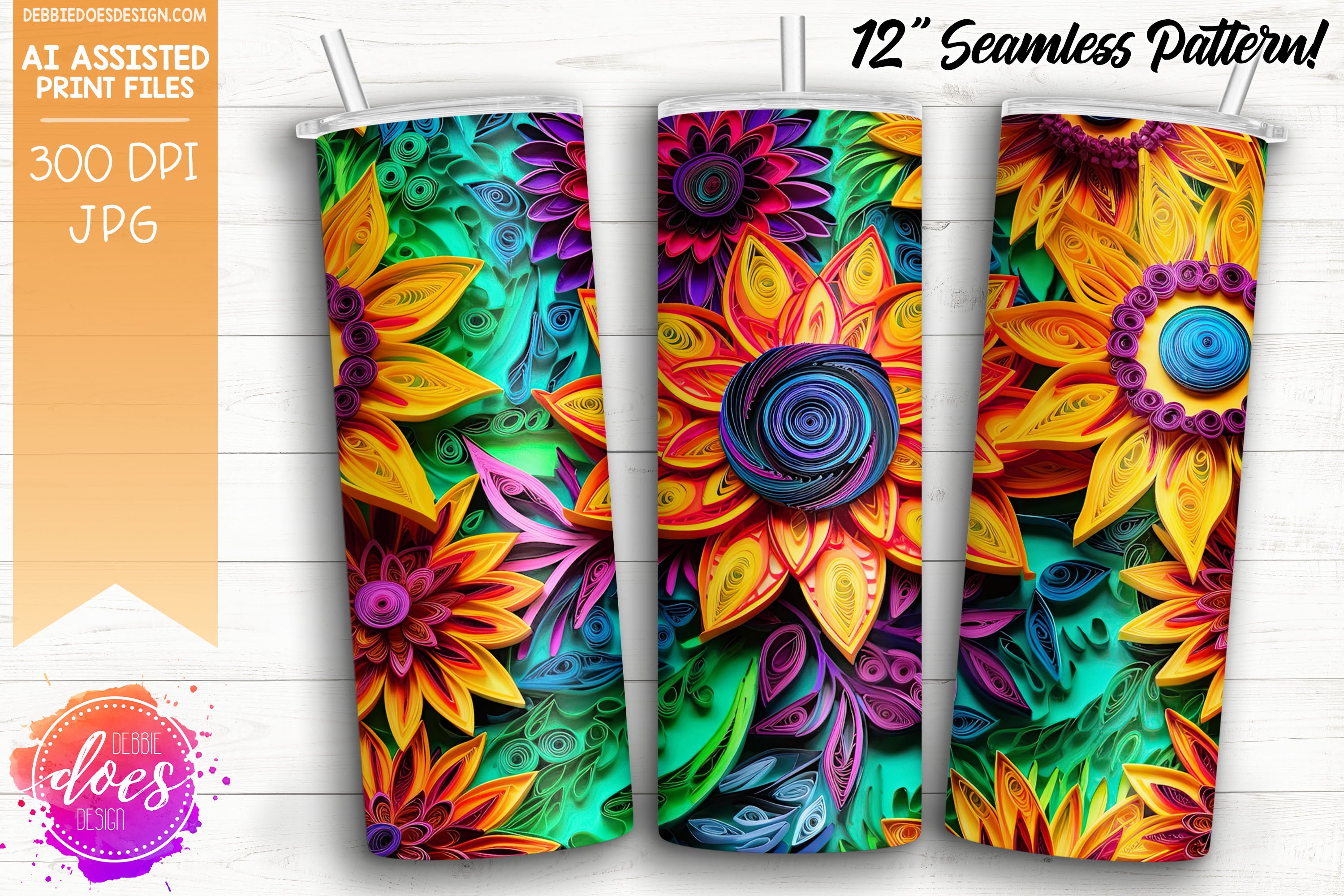 Paper Quilling - Sunflower Vivid - Seamless Pattern - Design Elements