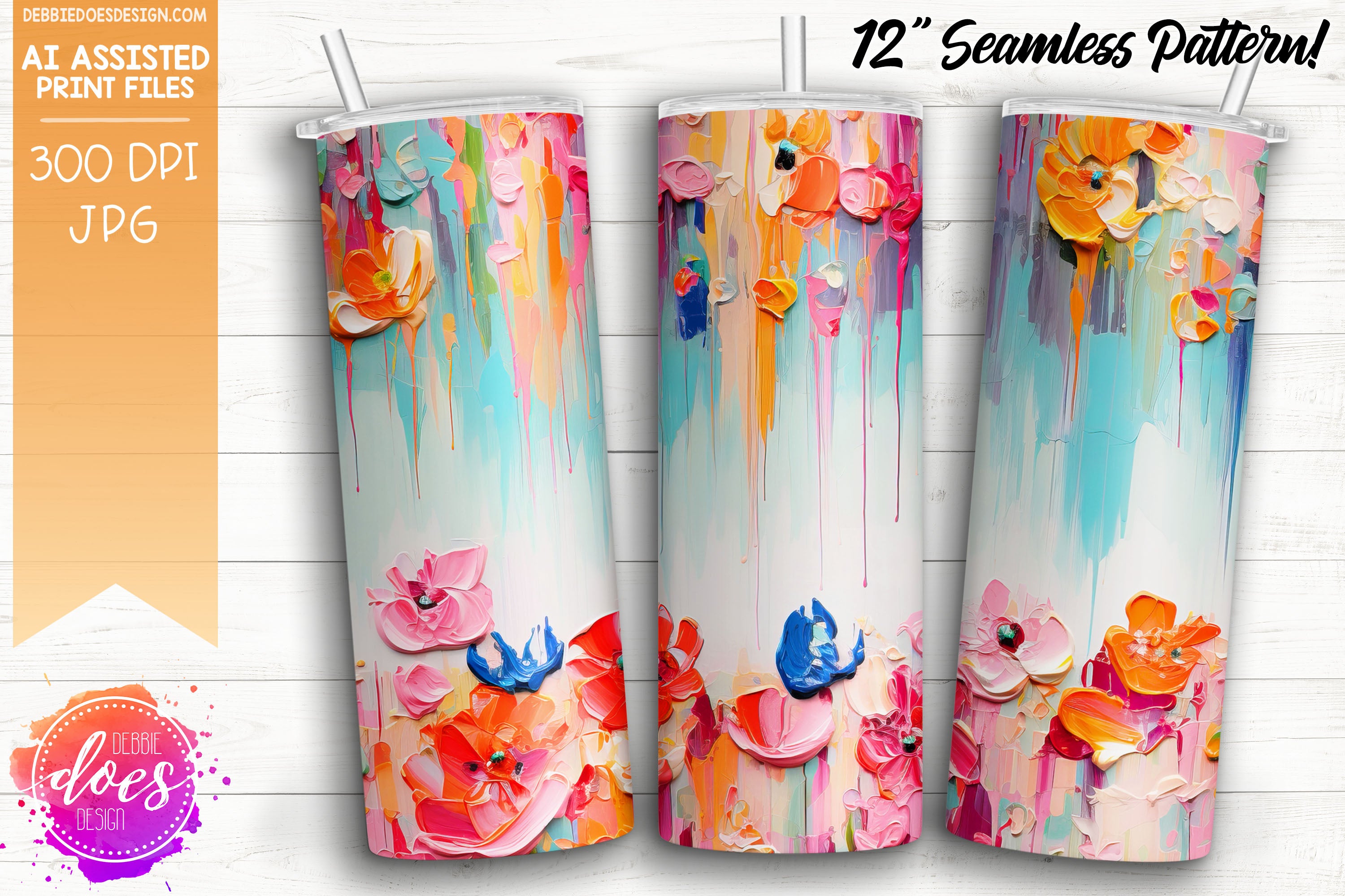 Thick Acrylic Painting - Pink Orange Drip Flowers - Seamless Pattern - Design Elements