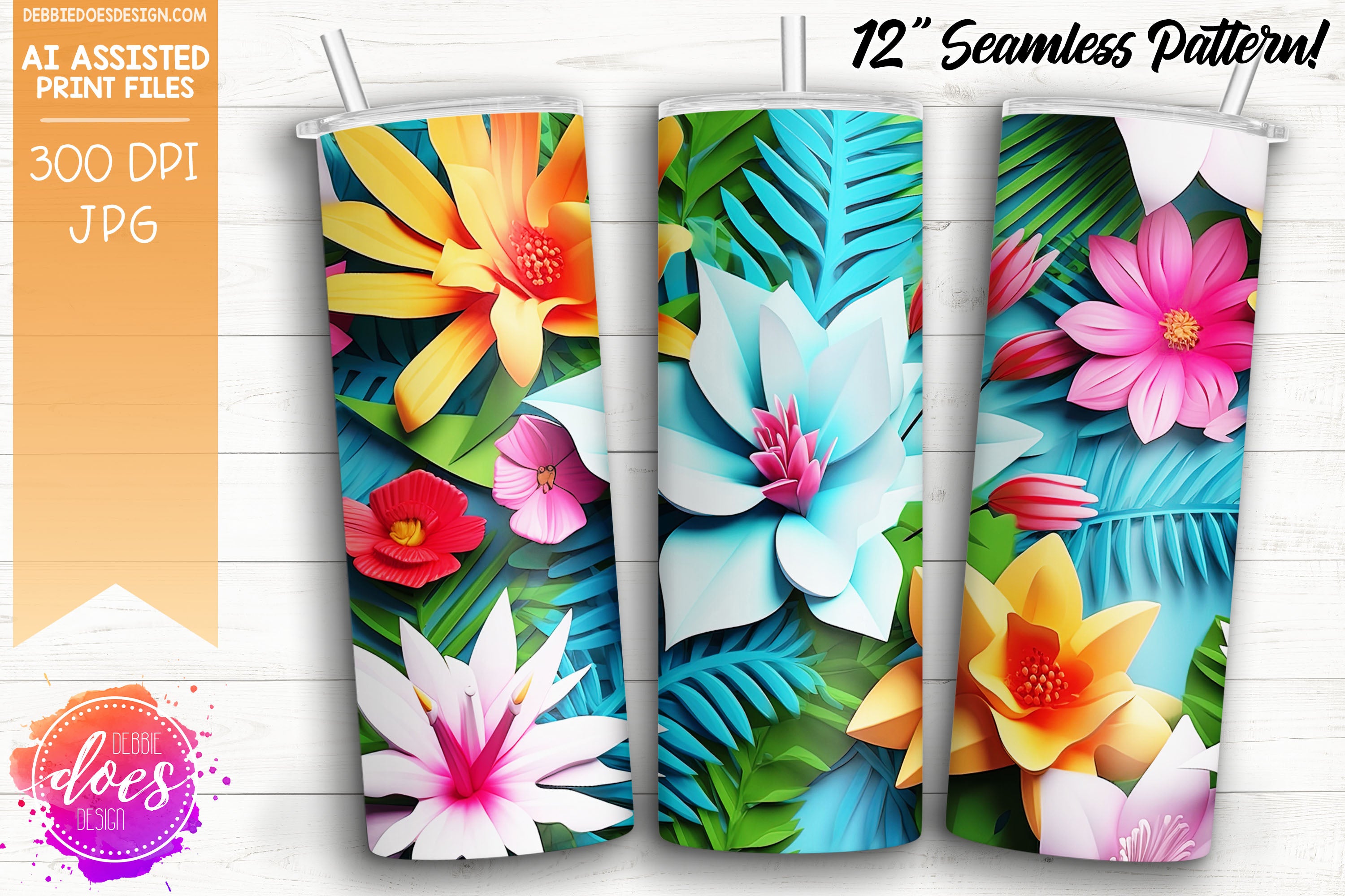 Tropical Flowers - Blue - Seamless Pattern - Design Elements