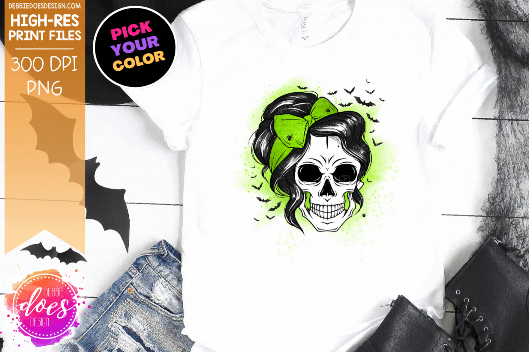 Bats & Spiders Messy Bun Skull - Choose your Color - Sublimation/Print 