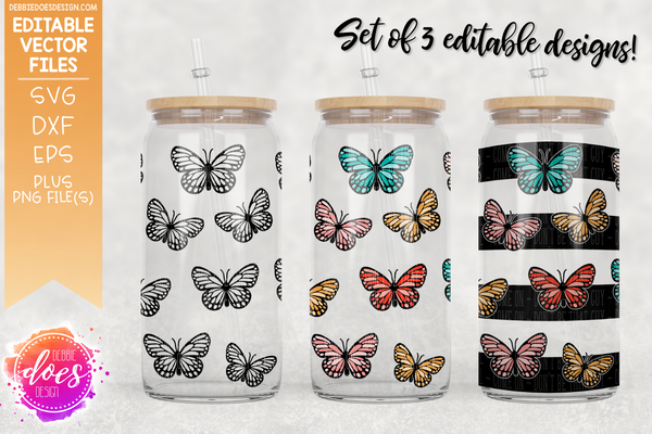 Butterfly Print Glass Can Tumbler Designs - Set of 3 - Editable Vector Design