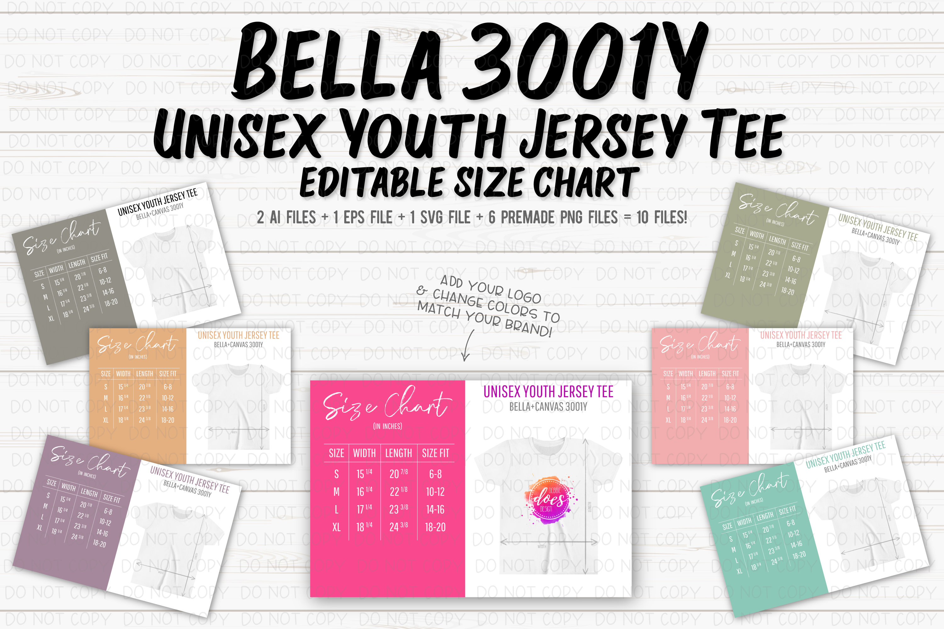 Bella+Canvas 3001Y Youth - Editable Size Chart + 6 Colored PNG Files–  Debbie Does Design