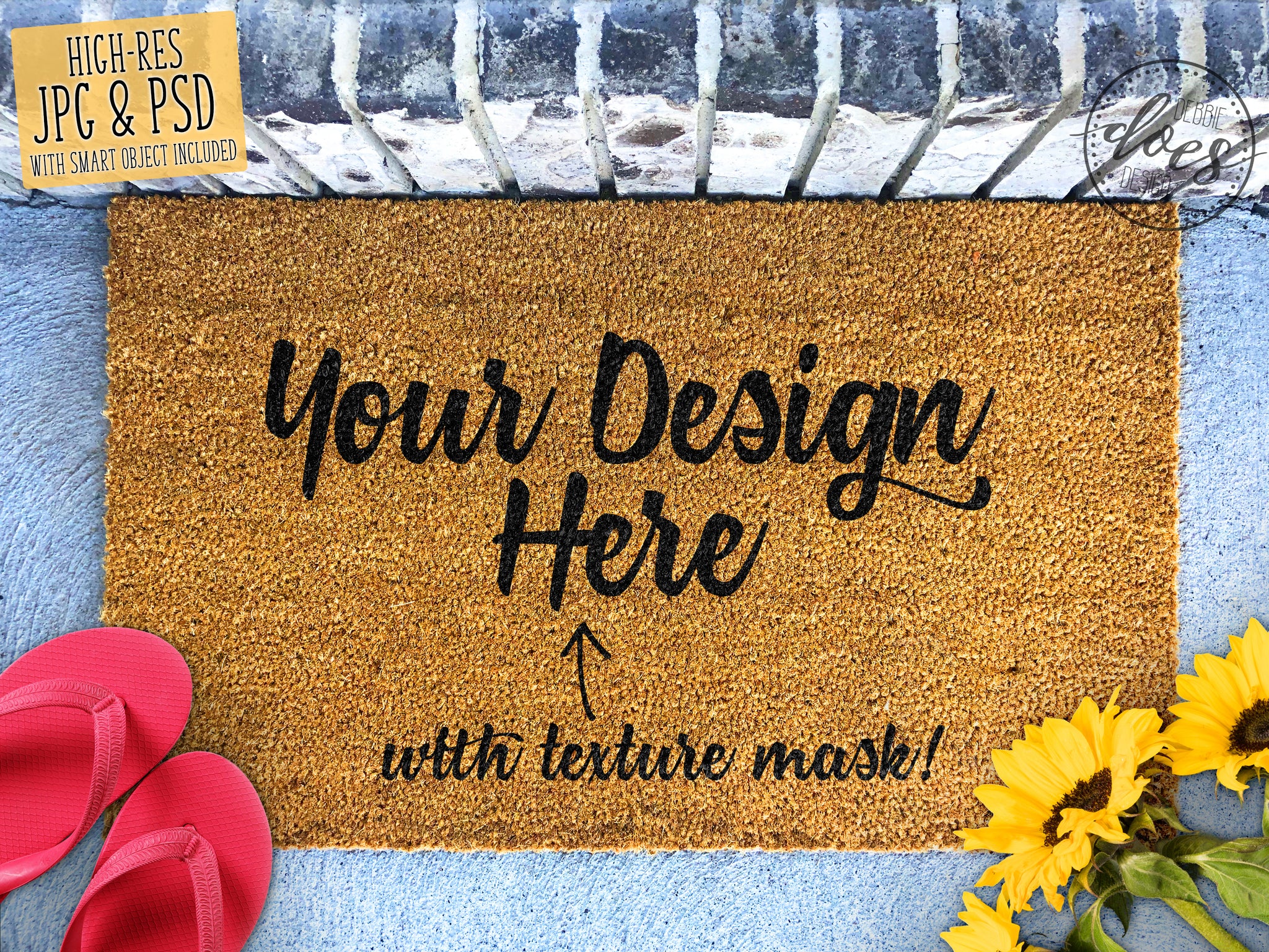 Download Sunflowers and Flip Flops Coir Doormat Mockup with Smart Object - Debbie Does Design