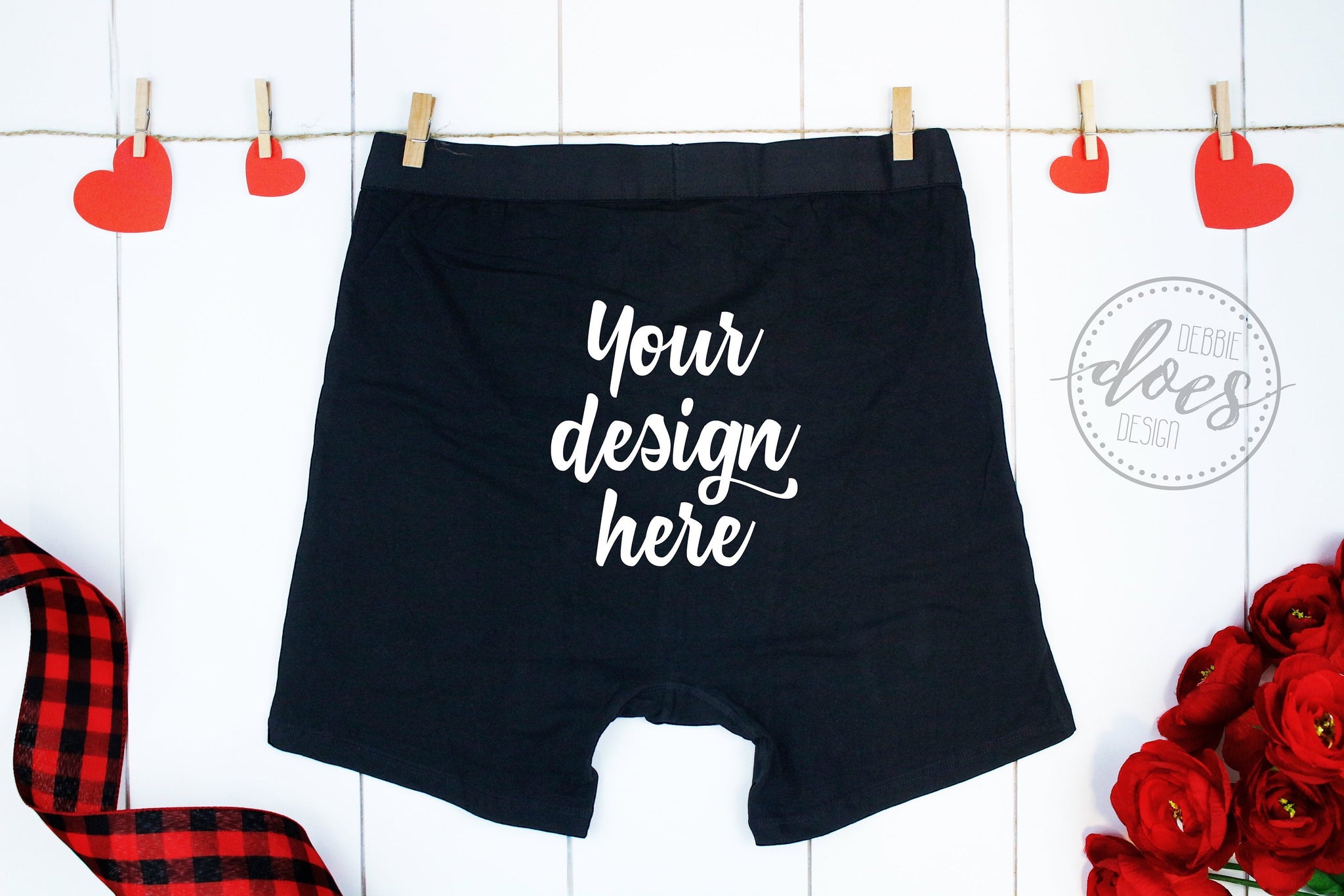 Black Boxer Briefs Mockup with Hearts and Roses | BACK VIEW - Debbie Does Design