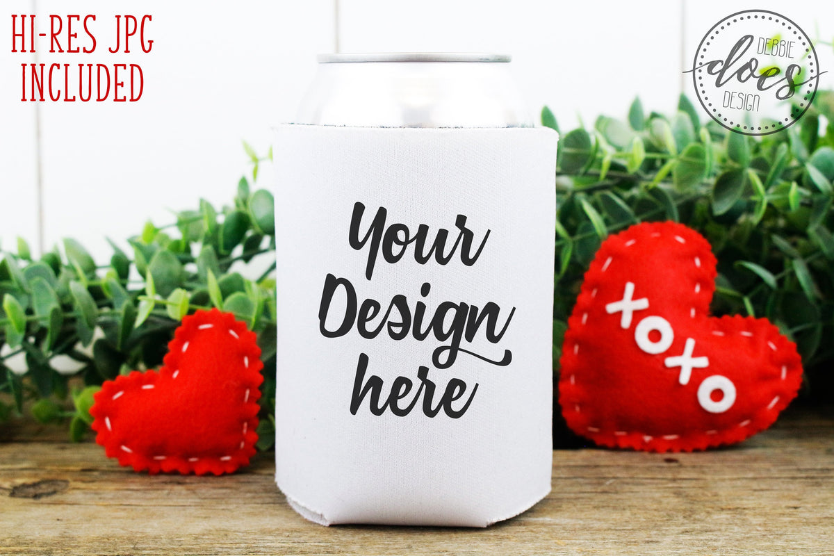 Download White Can Cooler with Hearts Mockup | Valentine Can Cooler Mock-Up - Debbie Does Design