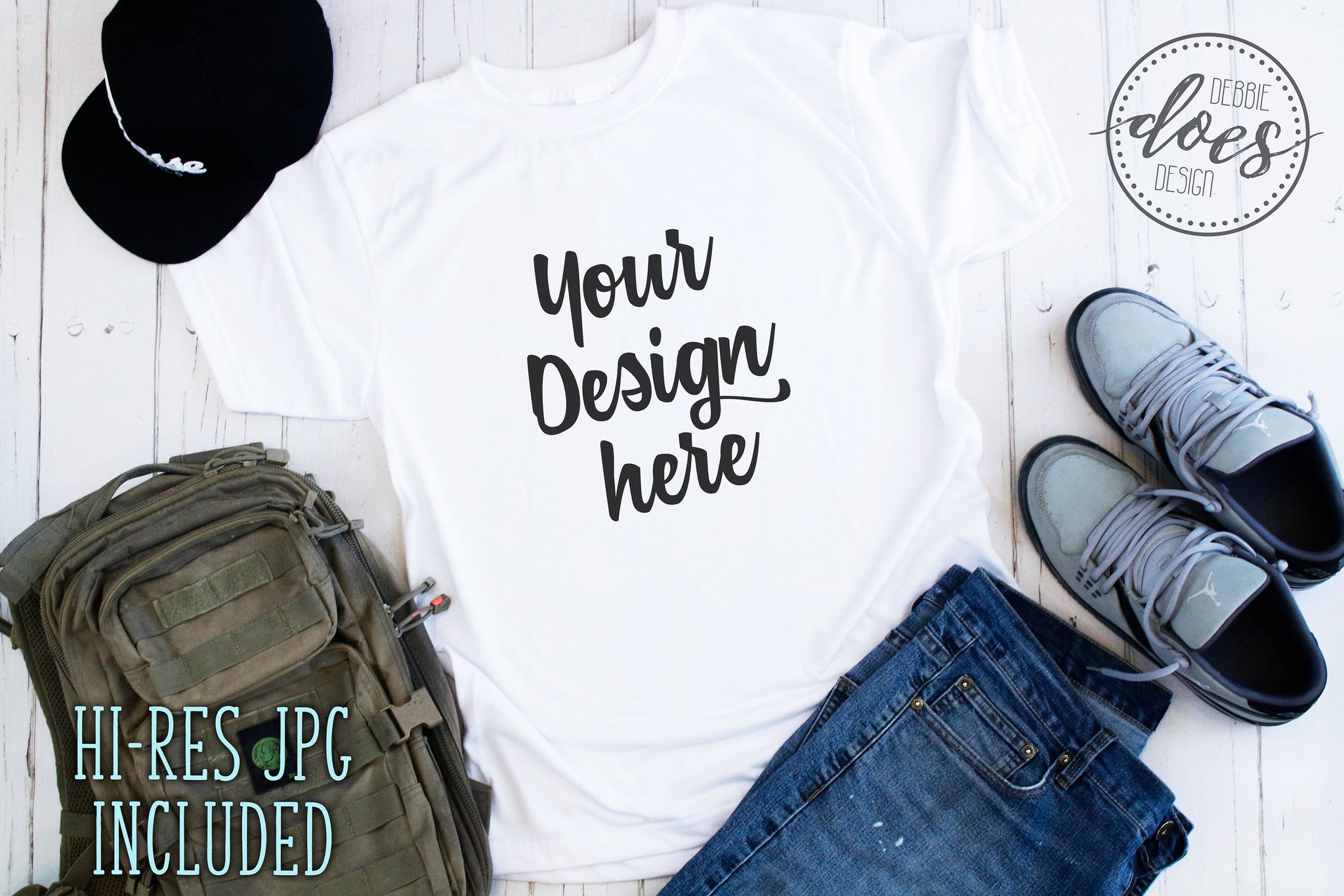 Download Men's Vapor Tee Shirt Mockup Styled on Light Wood | White Tee Mock-Up - Debbie Does Design