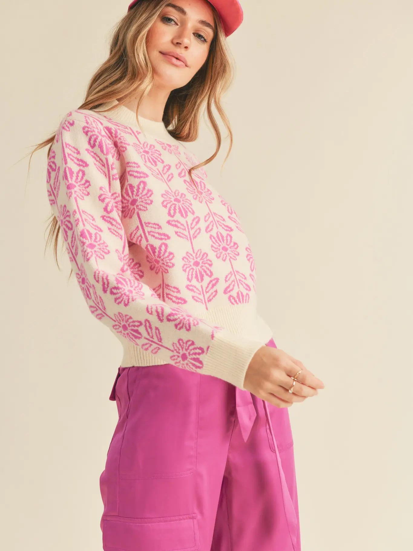 Pink Floral Pattern Knit Sweater