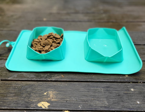 roll up travel bowl on wooden deck filled with dog kibble and water dogapproved.co