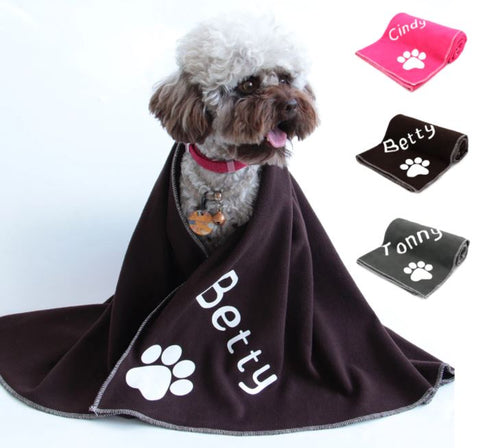 small dog in personalised dog blanket