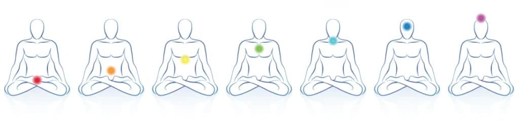 Dessin de 7 personnes avec la position des 7 chakras dans le corps humain