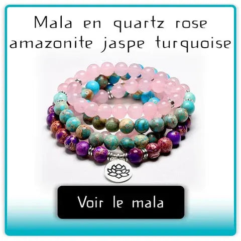 Bracelet mala 108 perles quartz rose amazonite jaspe turquoise (boule 8 mm) Kaosix