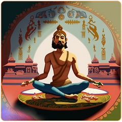 Dessin d'un homme indien torse-nu en position du lotus et en méditation avec des inscriptions hindou autour de lui Kaosix